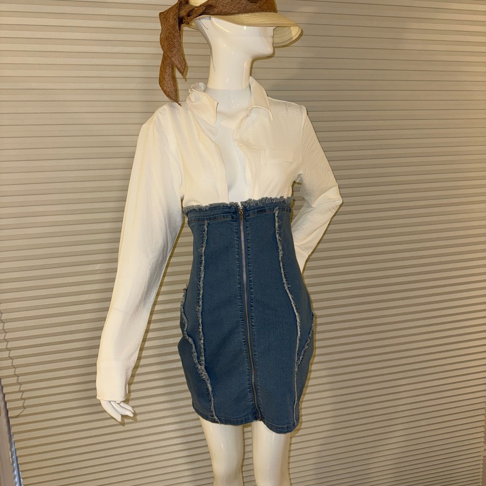 White Blouse and Blue Denim Skirt Set